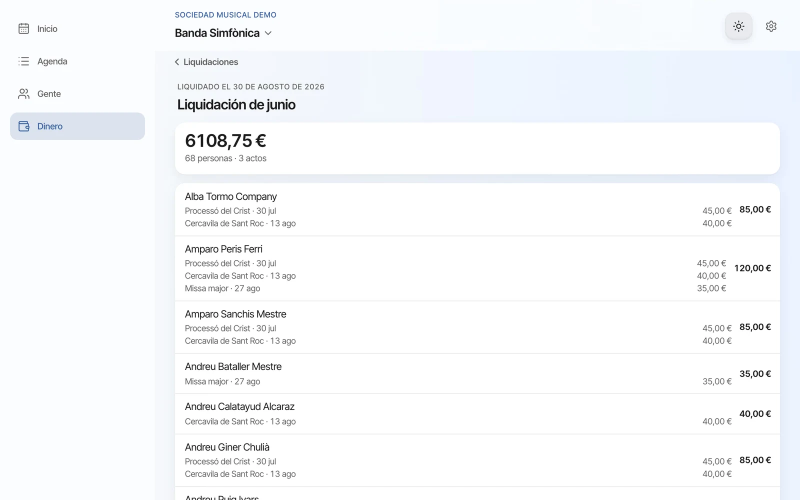 June's closed payout: 6,108.75 euros across 68 people and 3 gigs, with each musician's amount per gig.
